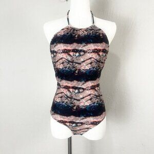 Beach Riot Halter One Piece Swimsuit Pink Marble Open Back Made in USA Sz Small‎